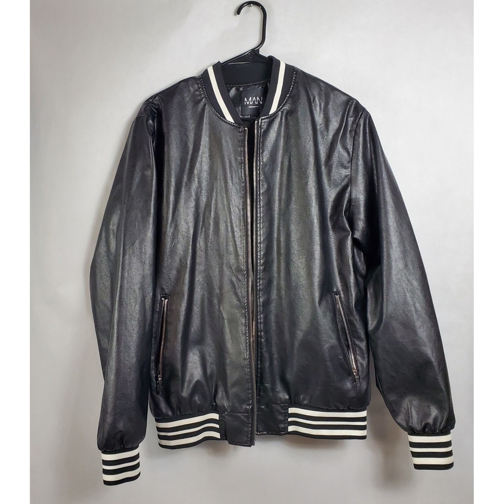 BoohooMAN‎ Black Faux Leather Mens Med Bomber Jacket Varsity Stripe Collar Cuffs